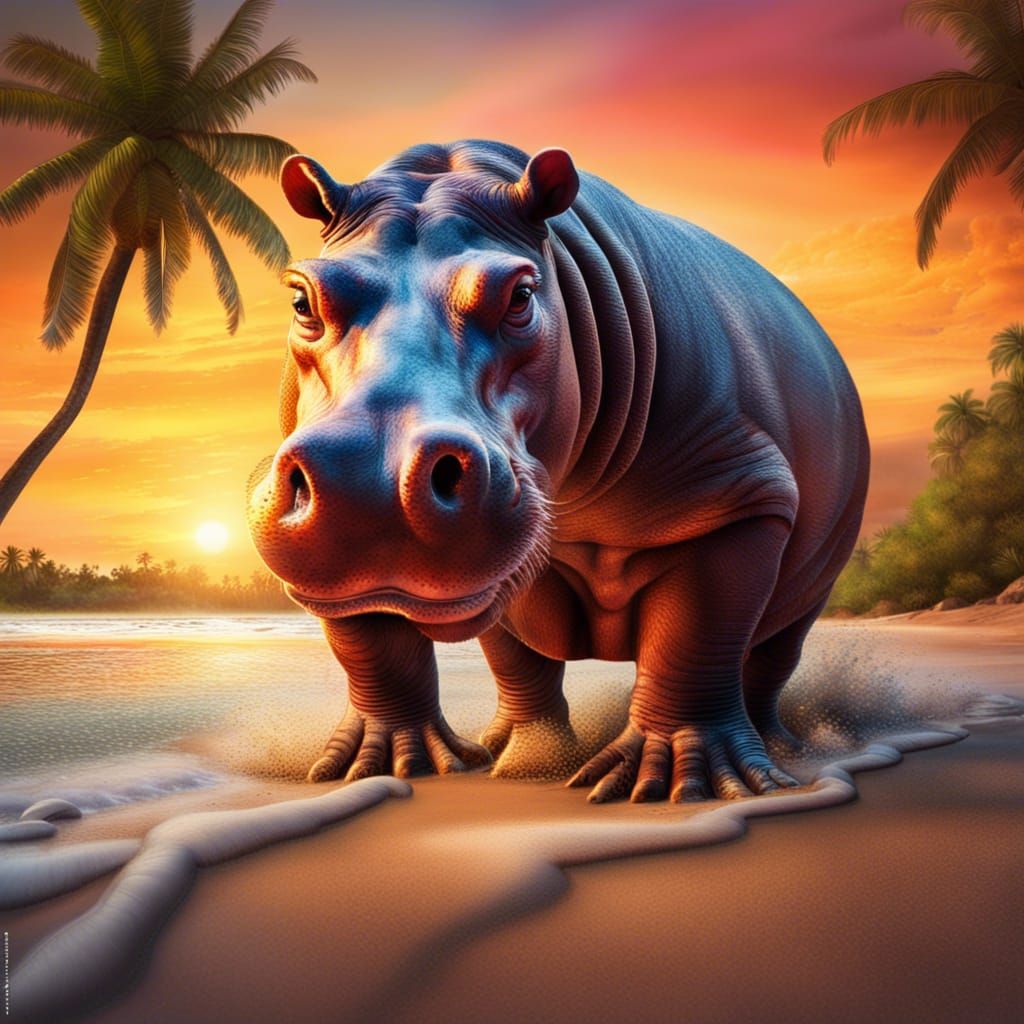Hyperrealistic Hippo on Tropical Beach at Sunset