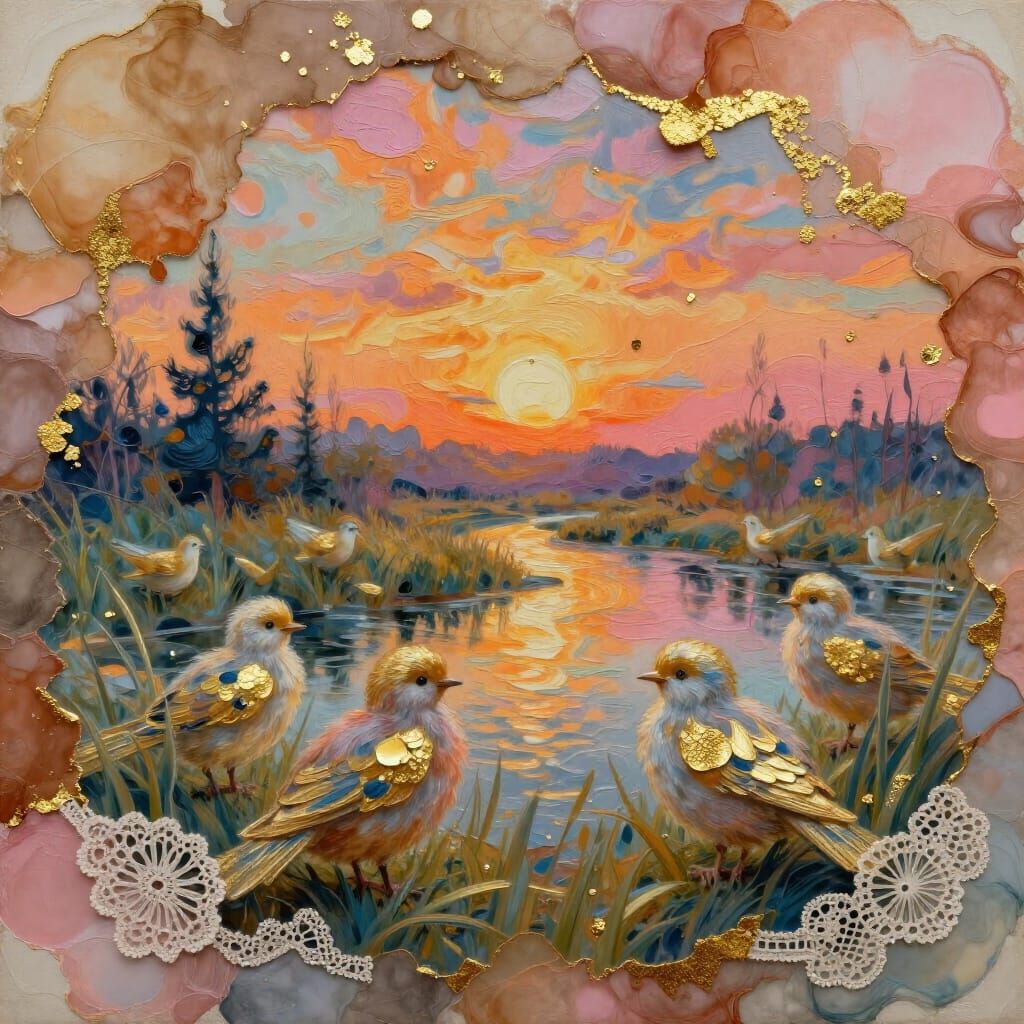 Fluffy Birds on River Grass in Vibrant Pastel Sunset