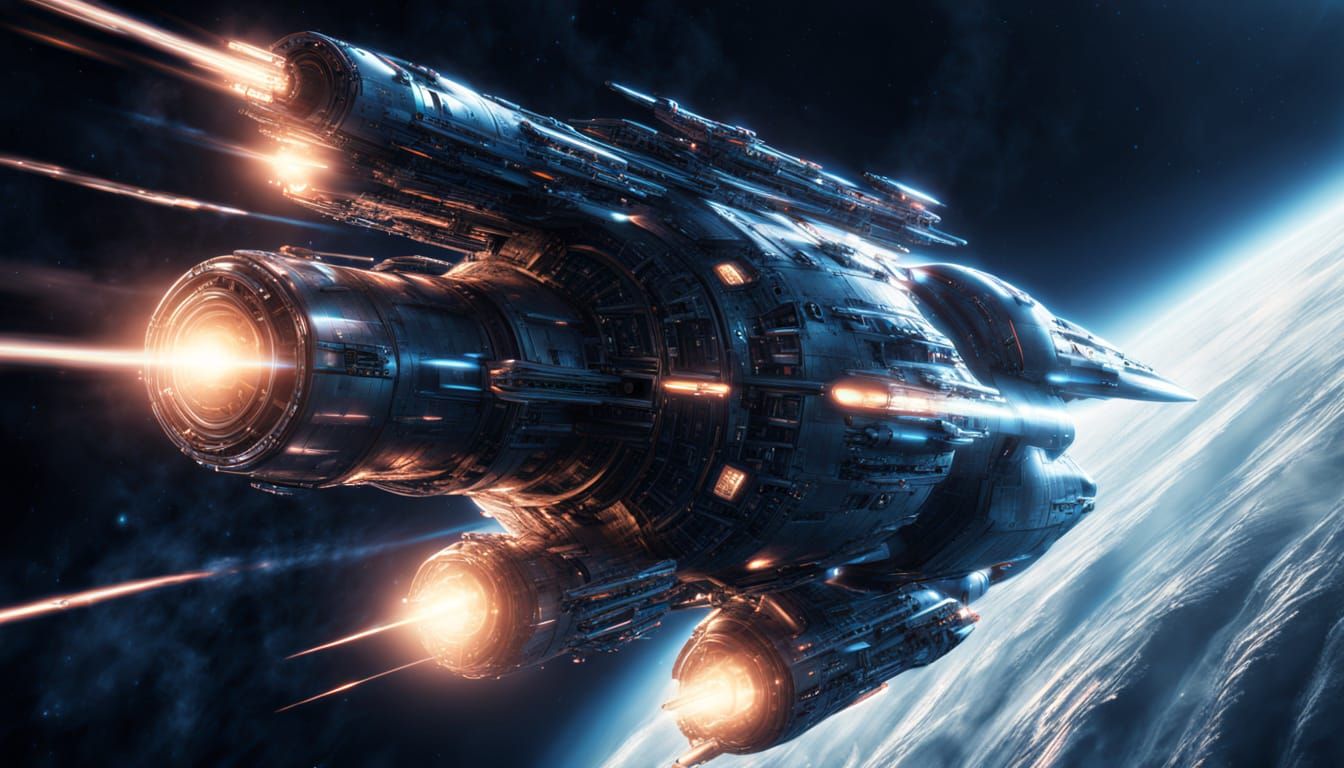 Orbital Starship Free Fall in Dark Blue Haze