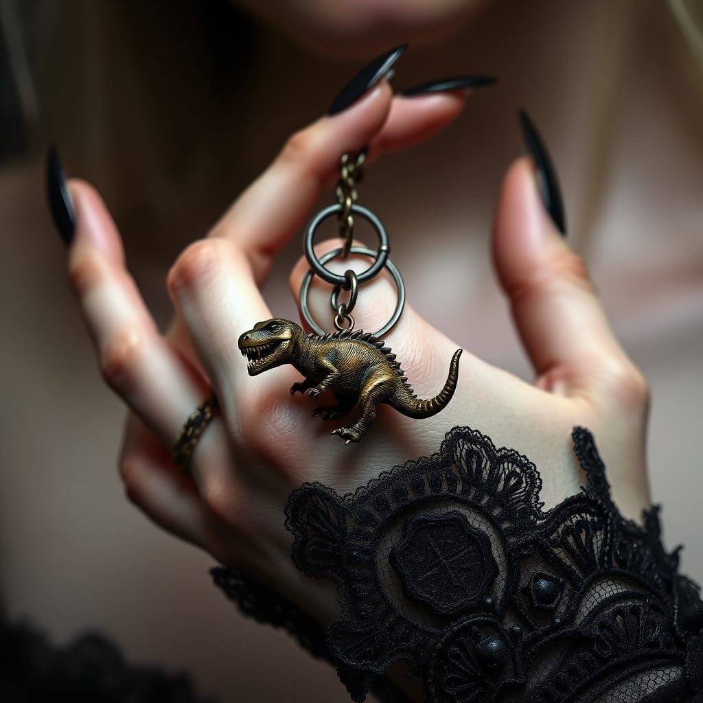 Gothic Vampire's Hand Holds Dinosaur Keyring in Dark Style