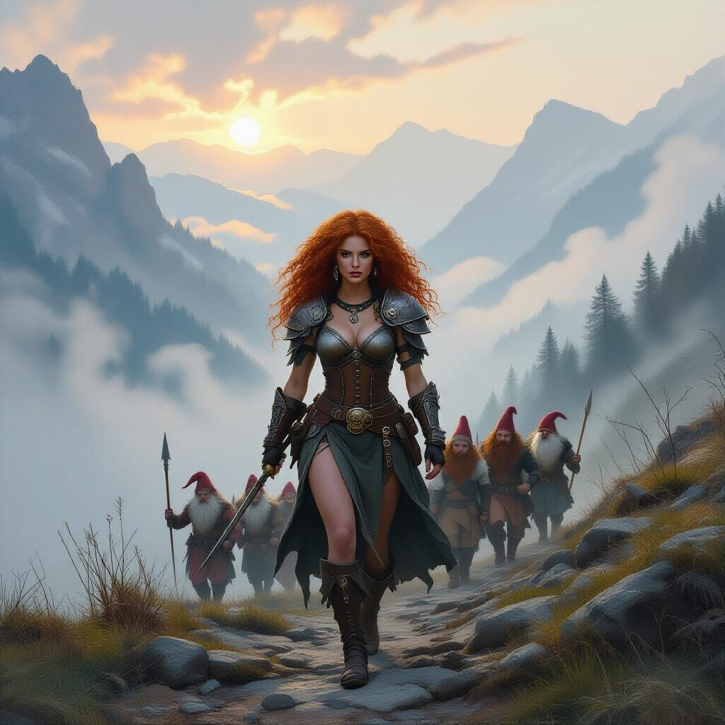 Redhead Barbarian Leads Gnomes Uphill in Misty Pass