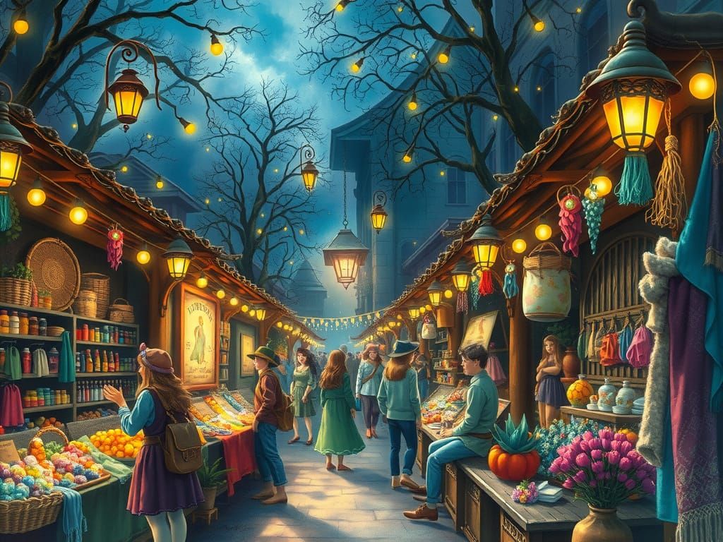 Whimsical Nighttime Market Scene in a Fairytale Art Style
