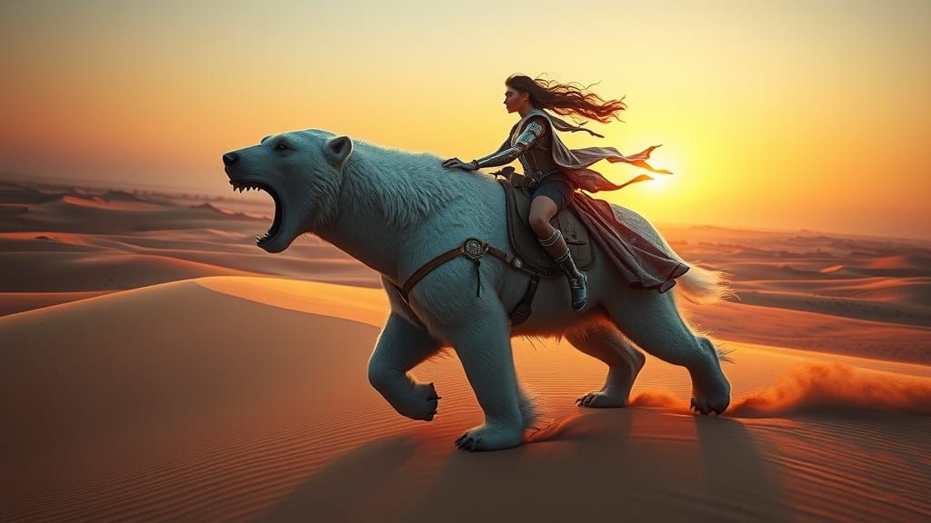 Cyborg Warrior on Polar Bear in Sahara