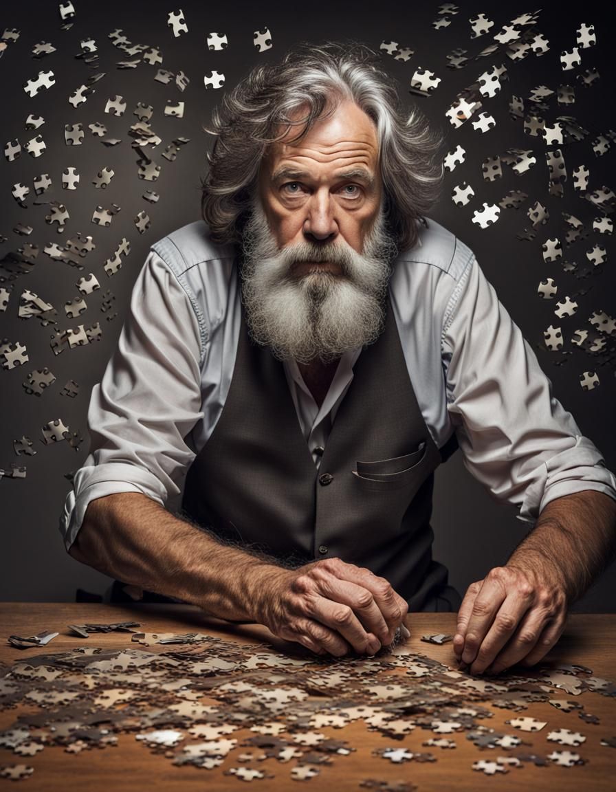 Man Doing Jigsaw Puzzle with Tornado Background