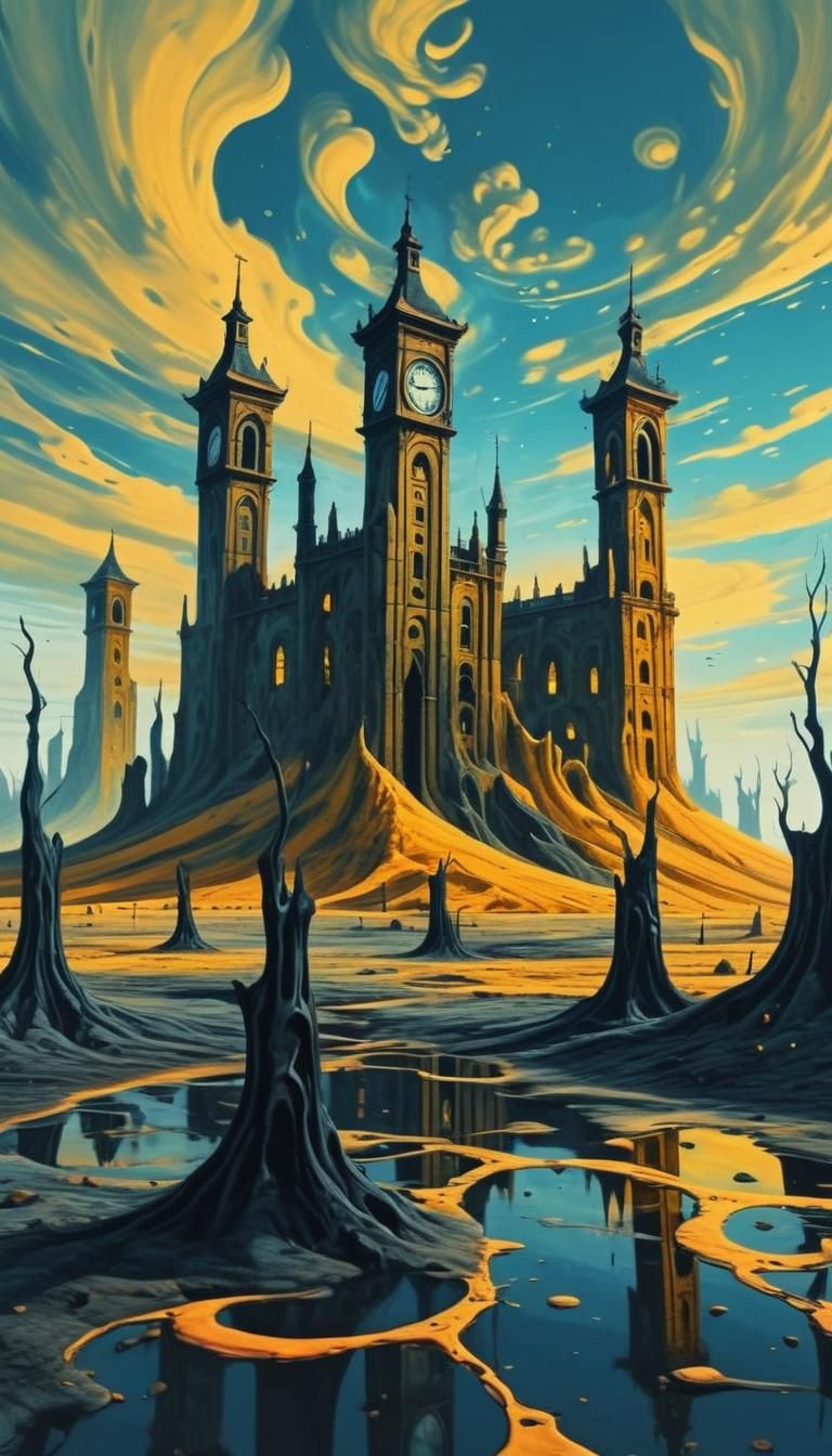 Surreal Desert Masterpiece with Melting Clock Towers and Vib...
