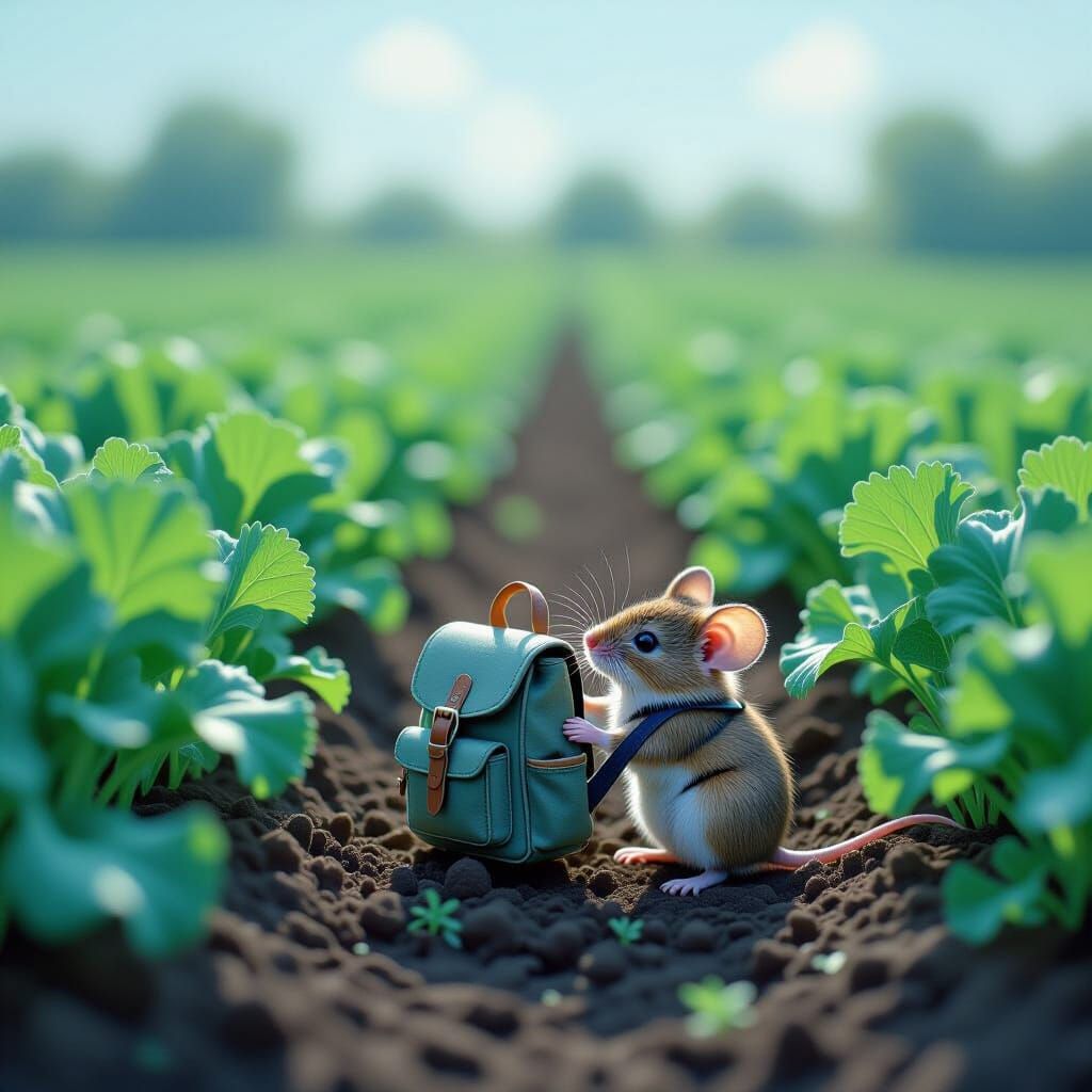 Mouse with Backpack in Vegetable Patch: Impressionistic Styl...