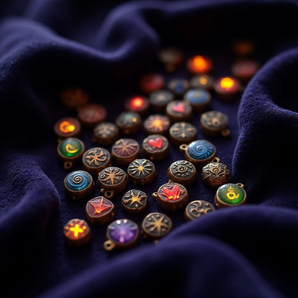 Mystical Bead Charms on Velvet in Surreal Style