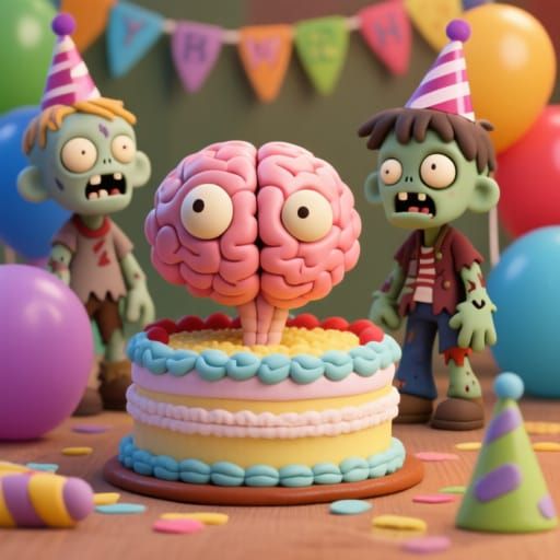 Cute Claymation Chibi Zombie Birthday Party with Brain Cake