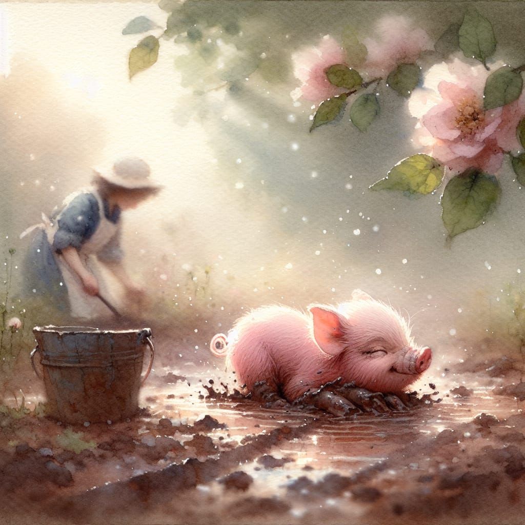 Whimsical Watercolor Piglet in Morning Light