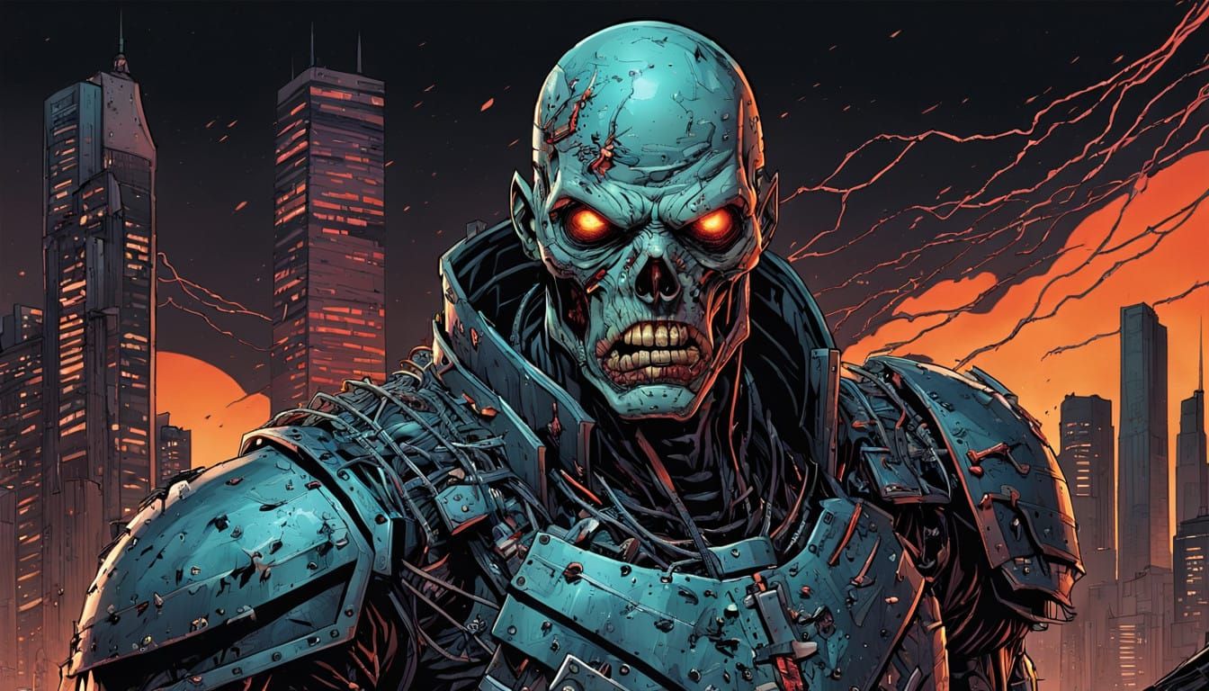 Cybernetic Undead Hero in Gritty Cityscape