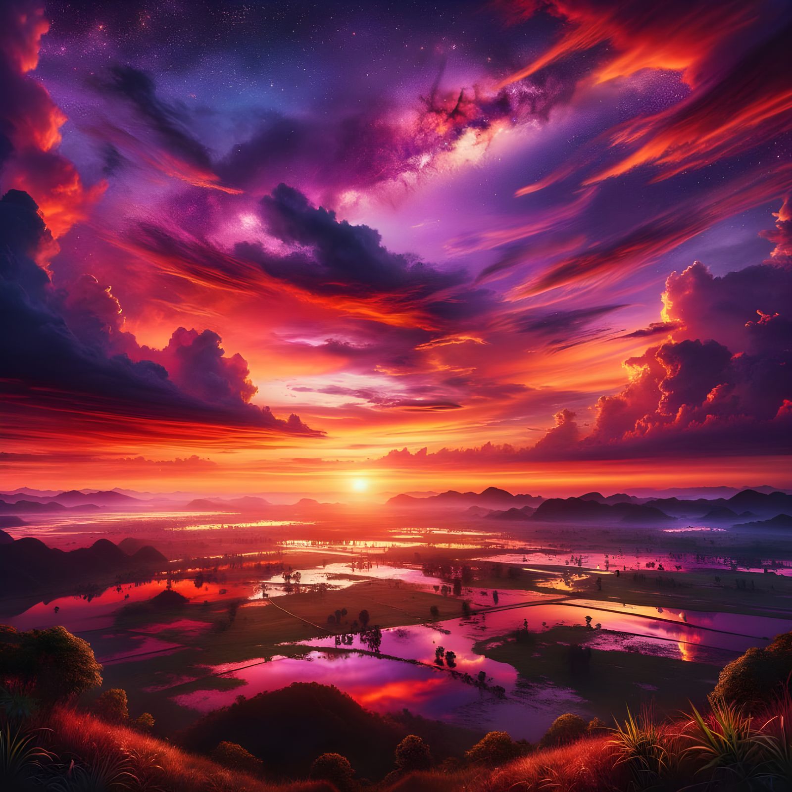 Splendid Sunset Radiates Purple, Red, and Gold