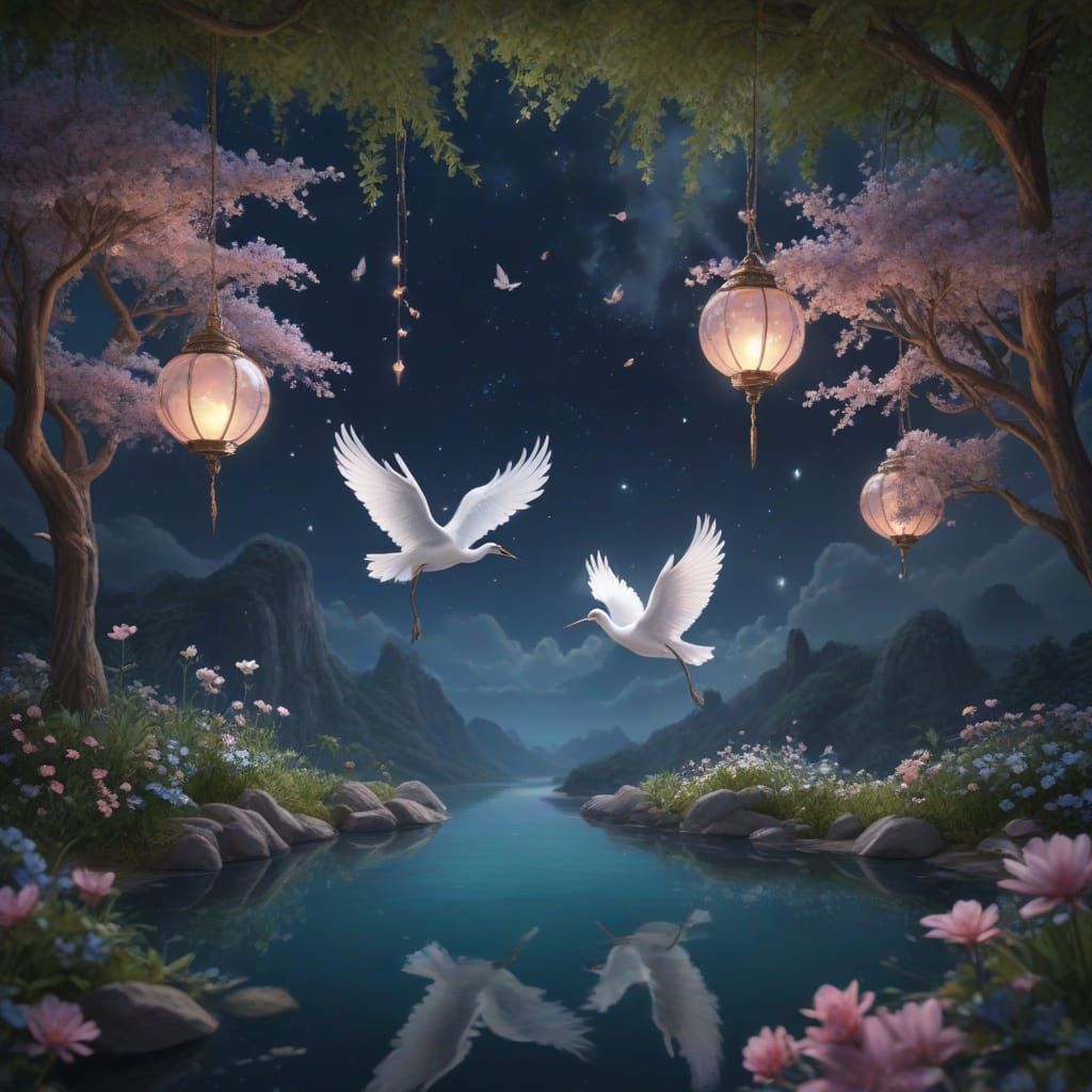 Kaleidoscope Art with Cranes, Blossoms and Gemstones