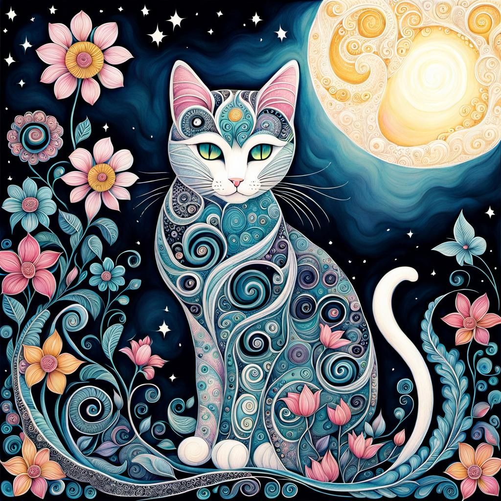 cats flowers ethereal moonlight abstract swirls zentangle