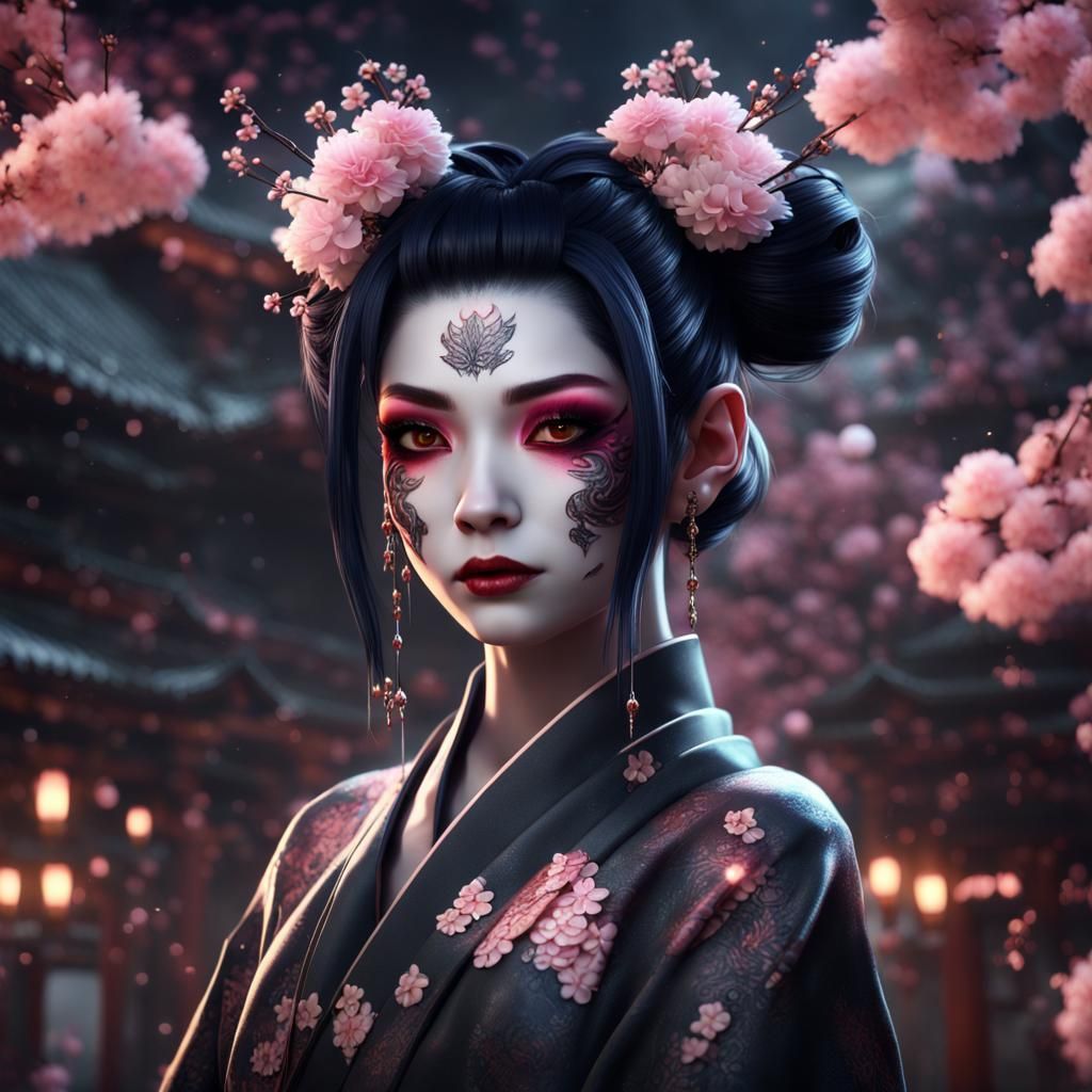 Gothic Sakura Girl with Hannya Mask in Japanese Fairytale
