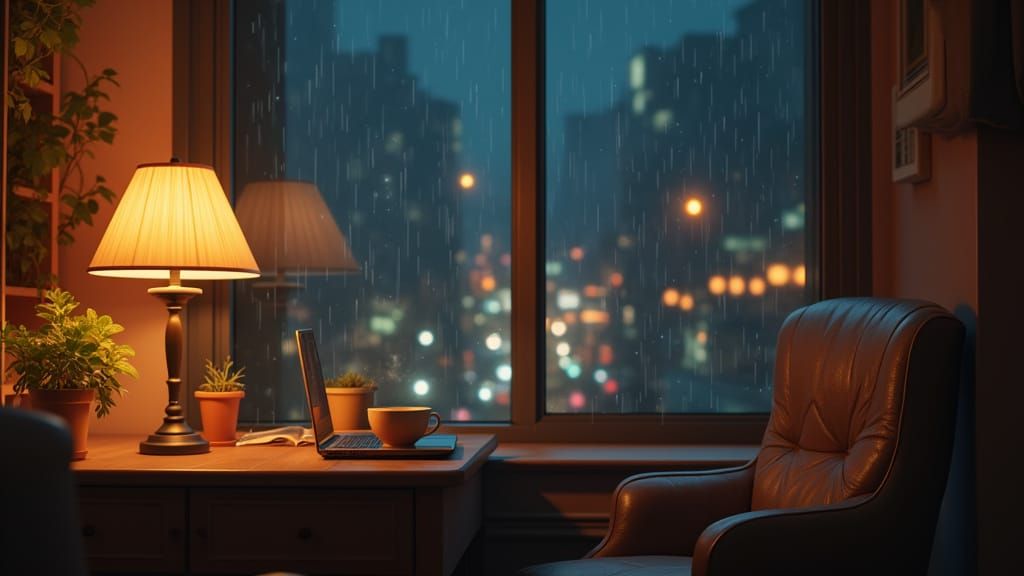 Cozy Coffee Cup in Lamp-Lit Interior