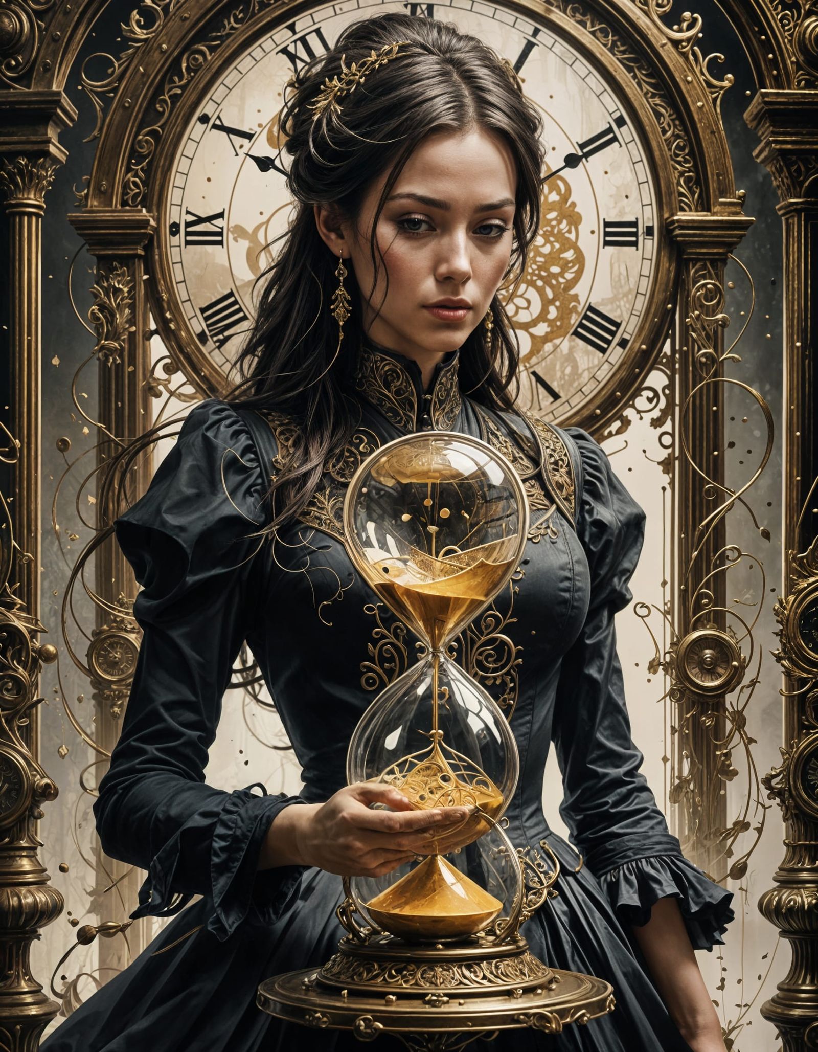 Lady with Hourglass in Whimsical Clockwork Scene