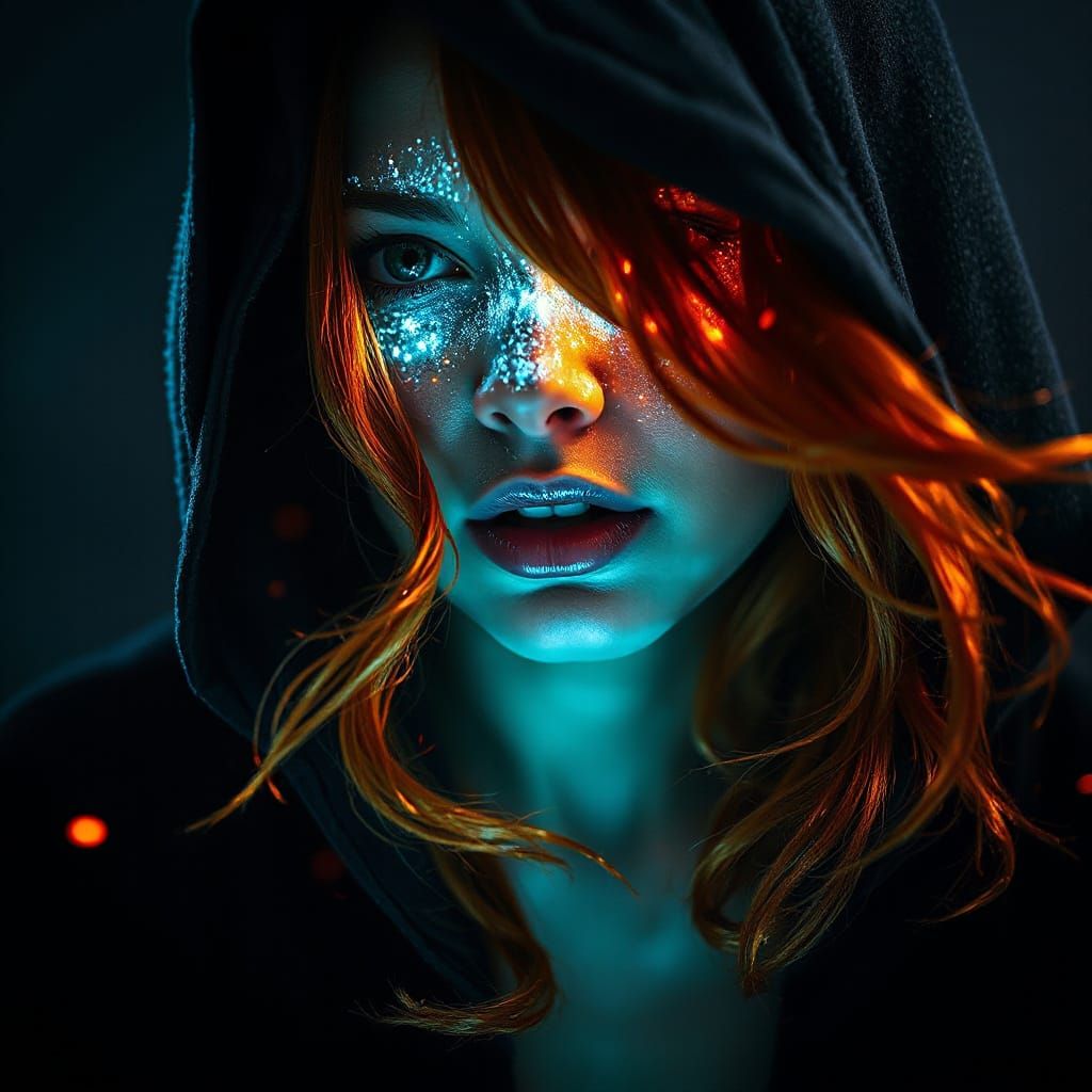 Sorceress in Turquoise Light with Digital Sparks