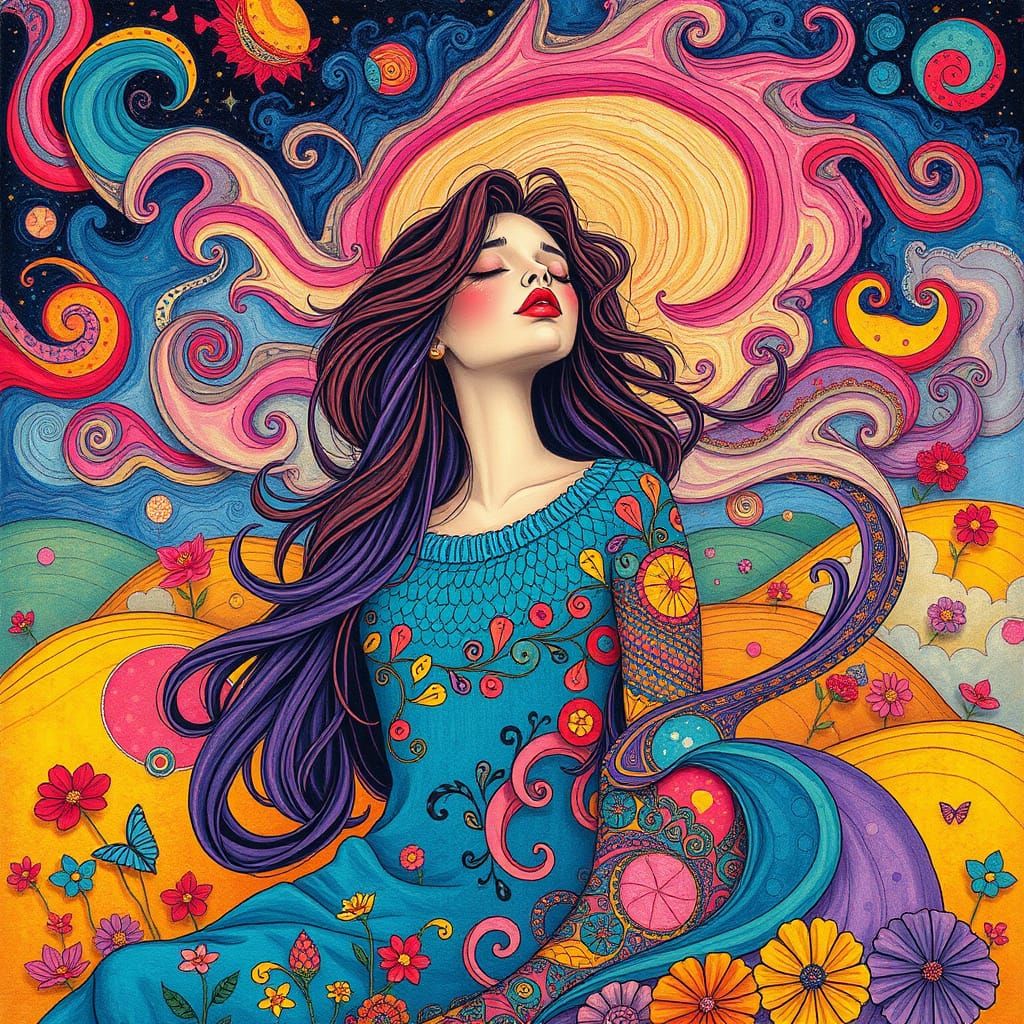 Dreamy Woman Singing in Whimsical World: Indie Folk Art