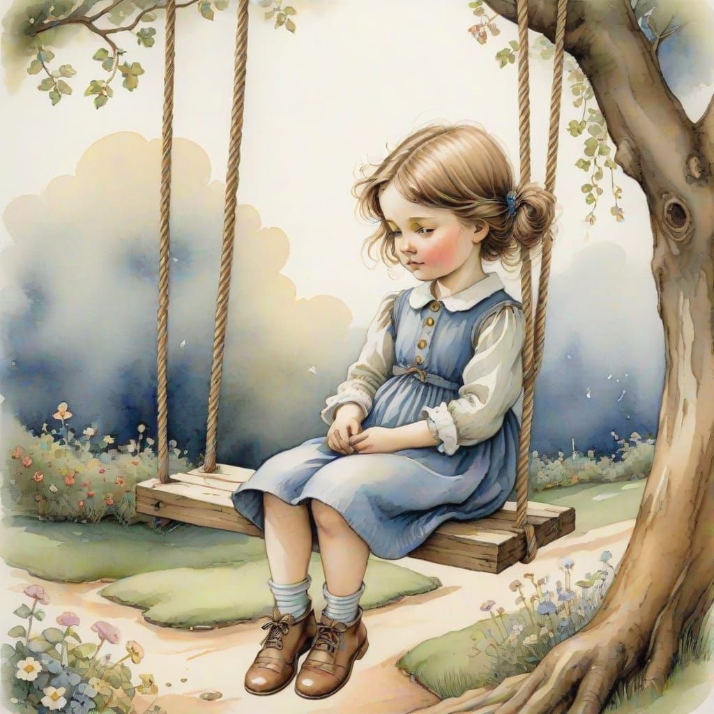 Sad Kid on Swing in Watercolor Illustration