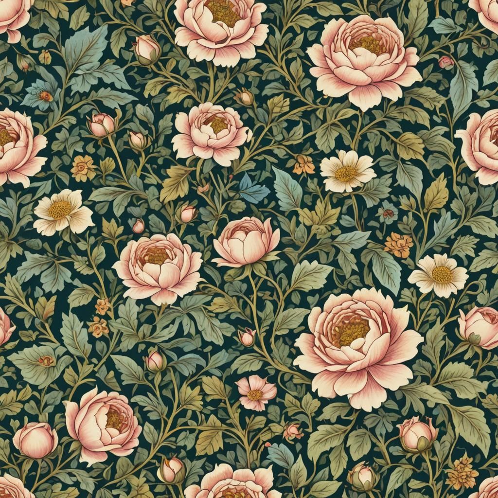 English Rose Floral Pattern in Art Nouveau Style