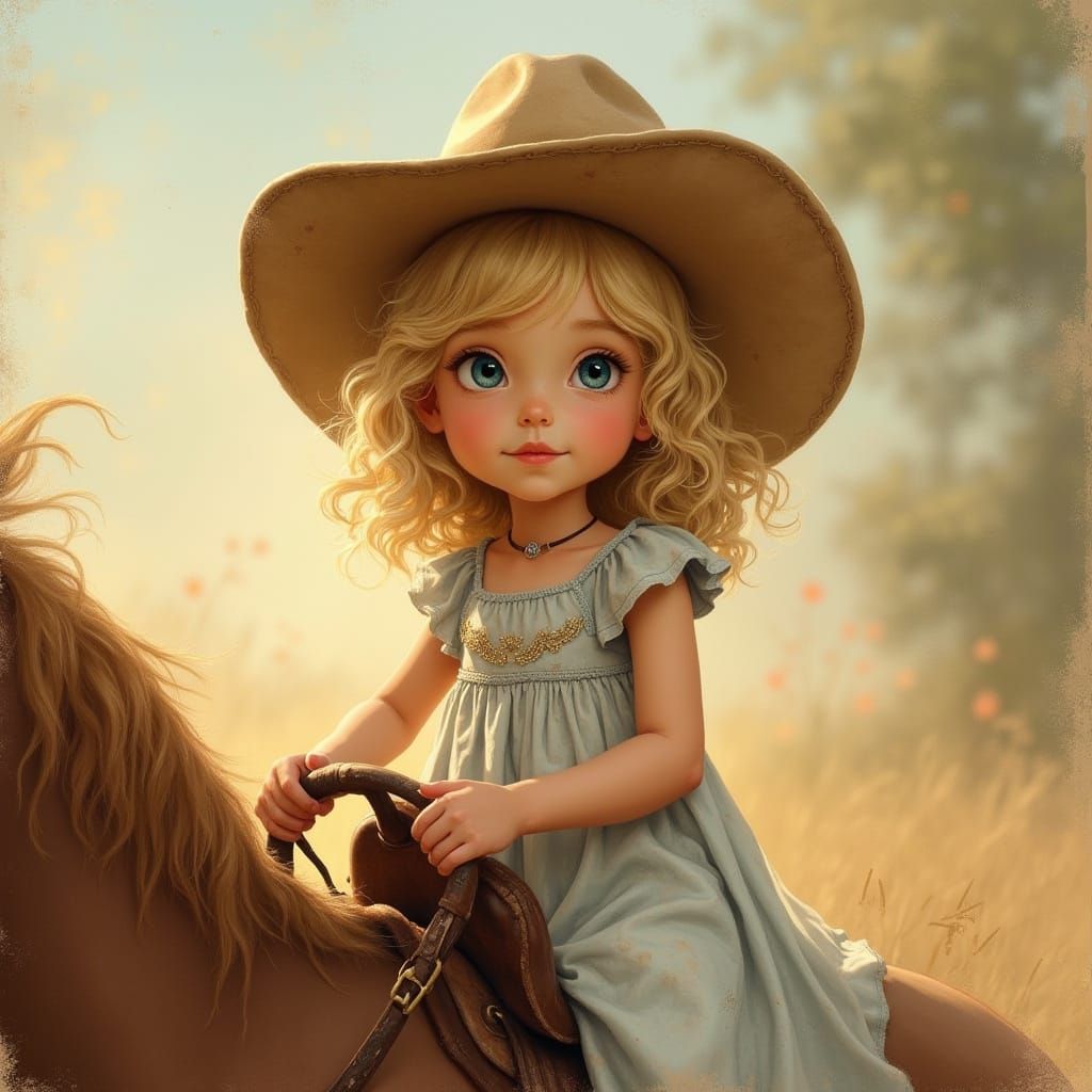 Girl on Saddle: Nostalgic Painting with Soft Brushstrokes