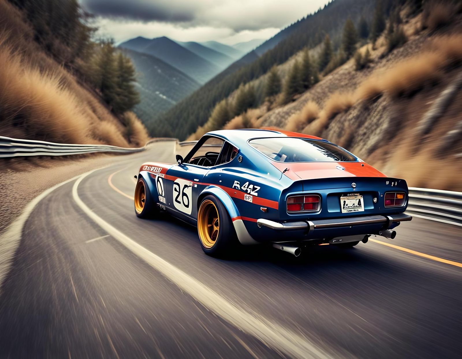 Vintage Datsun 240z Race Car on Mountain Road