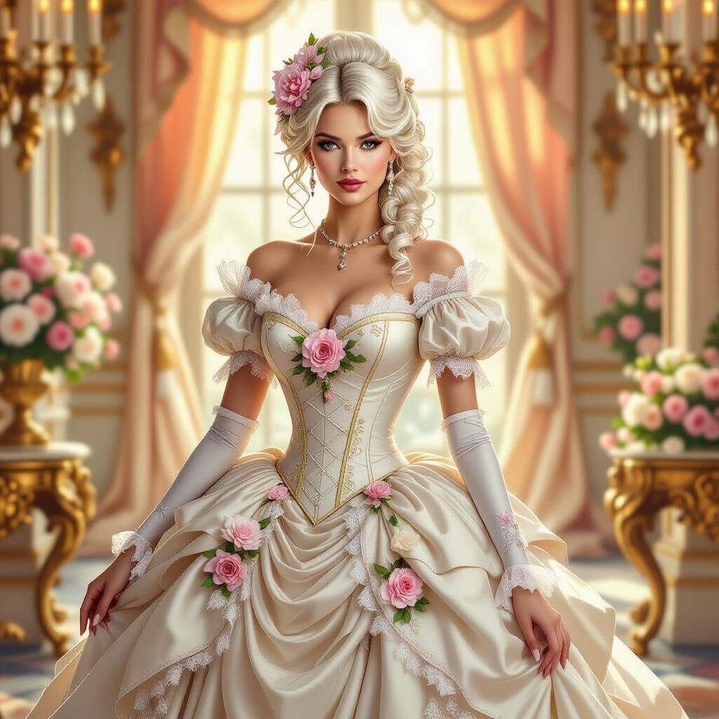 Rococo Queen Emma Frost in Ornate Silk and Lace Dress