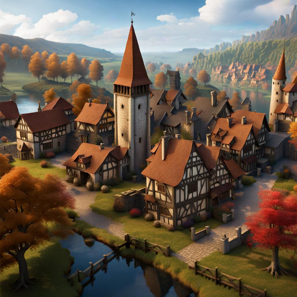 Bustling Medieval Town with Mage Tower, Detailed Matte Paint...