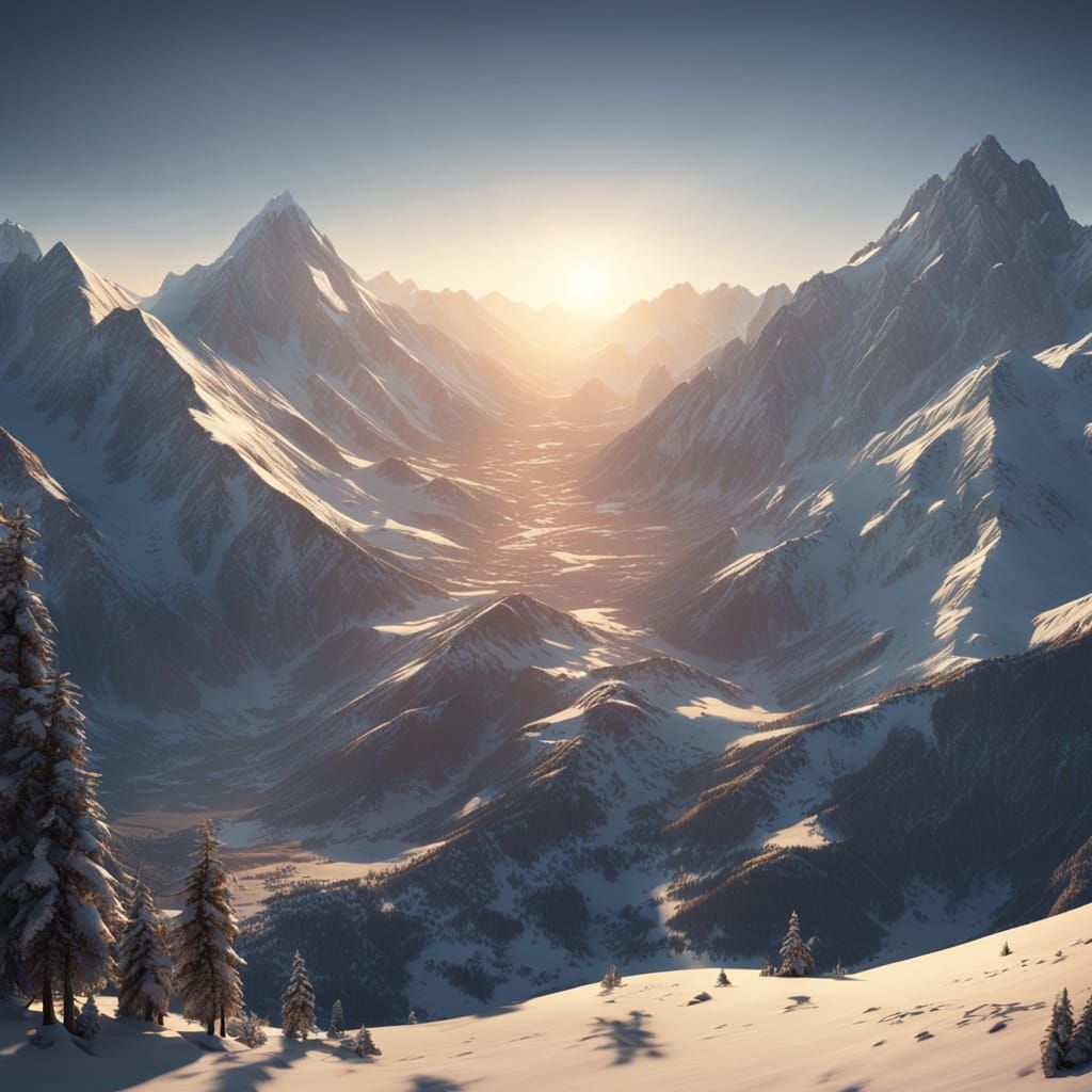 Majestic Snow-Covered Mountains at Golden Hour