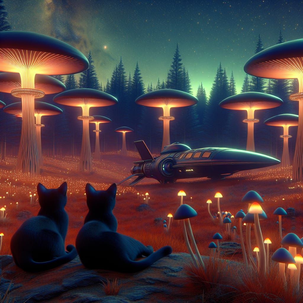 Black Cats in Alien Forest at Sunset