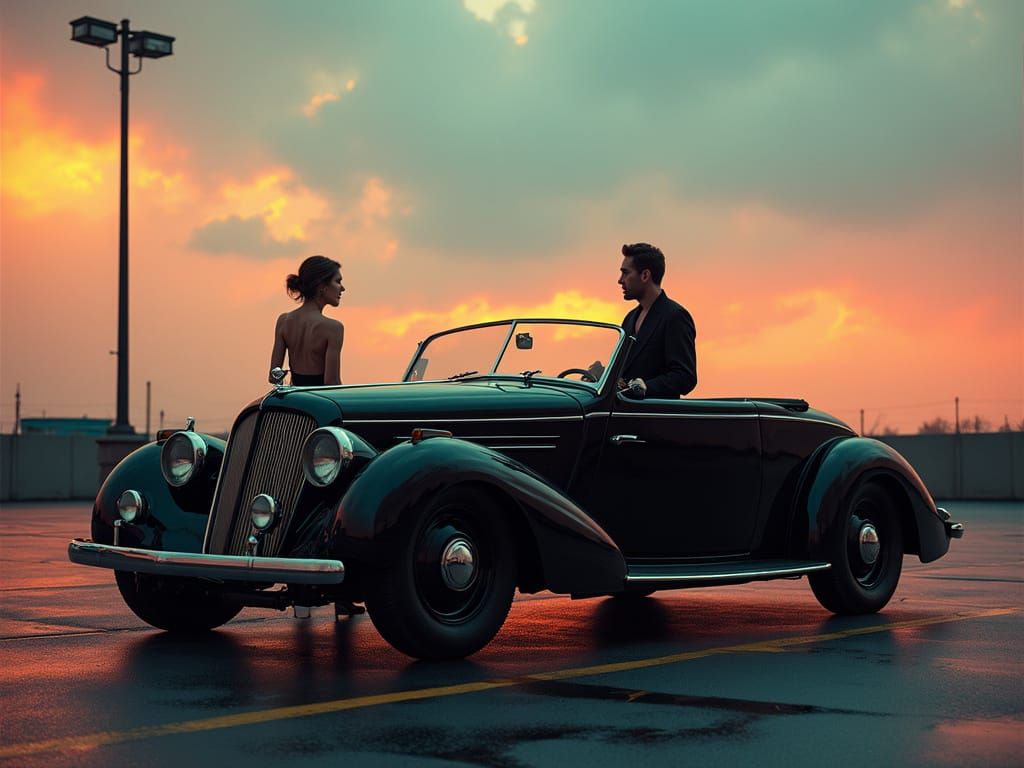 Biomechanical Couple with Vintage Car at Night