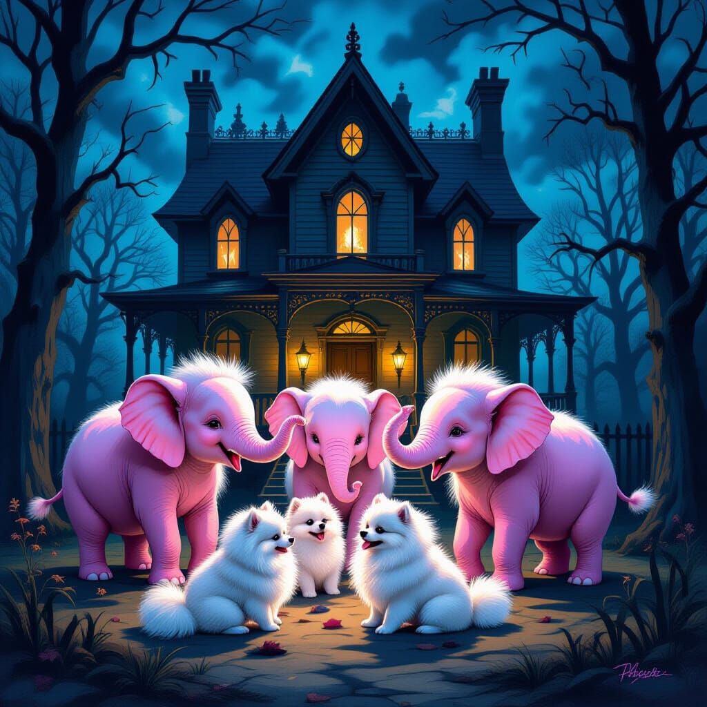 Pink Elephants & Pomeranians in Haunted House Surrealist Pai...
