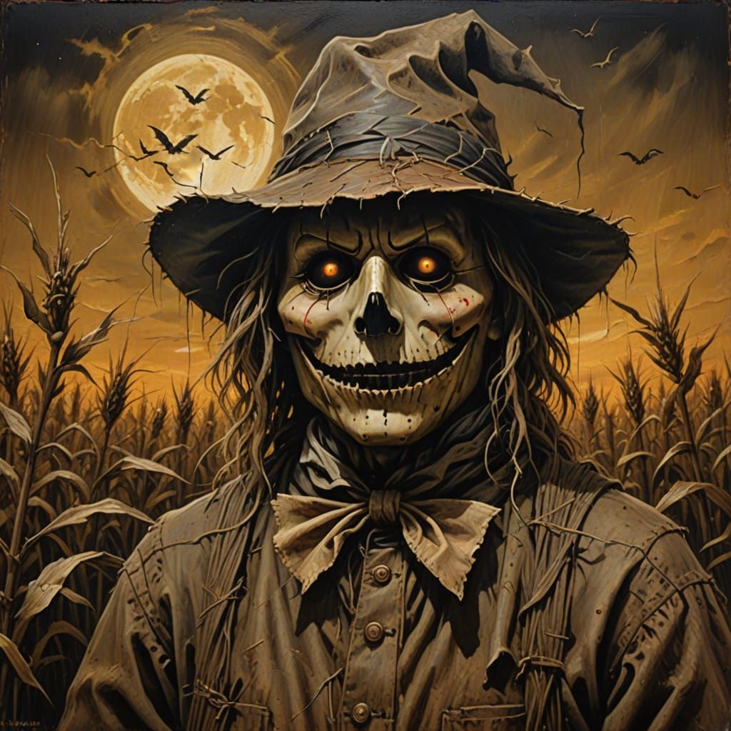 Creepy Folk Horror Scarecrow in Moonlit Cornfield