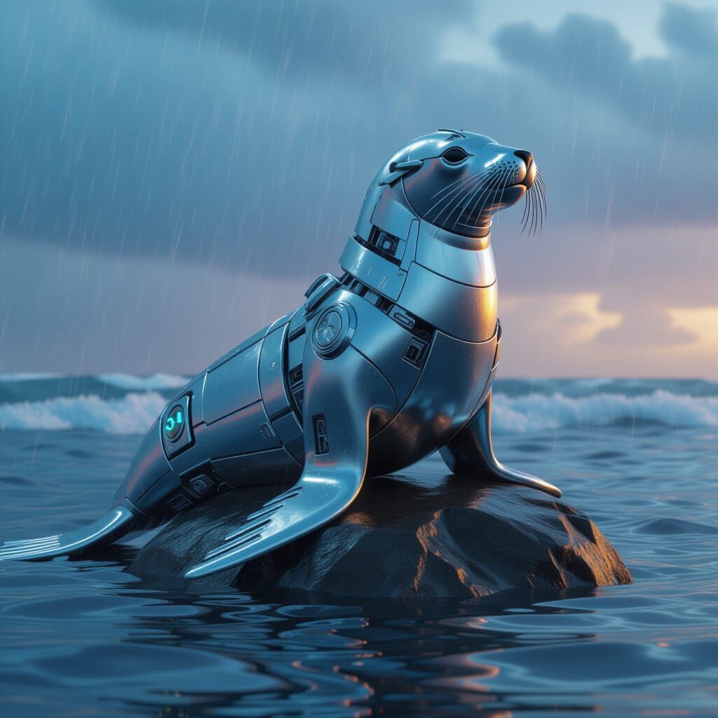 Metallic Sea Lion Stranded in Stormy Sci-Fi Ocean