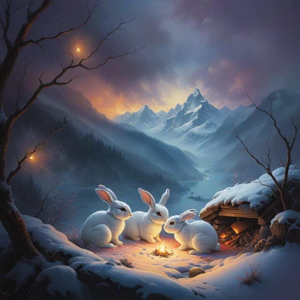 Winter Wonderland Scene with White Rabbits Playing in Snowy ...