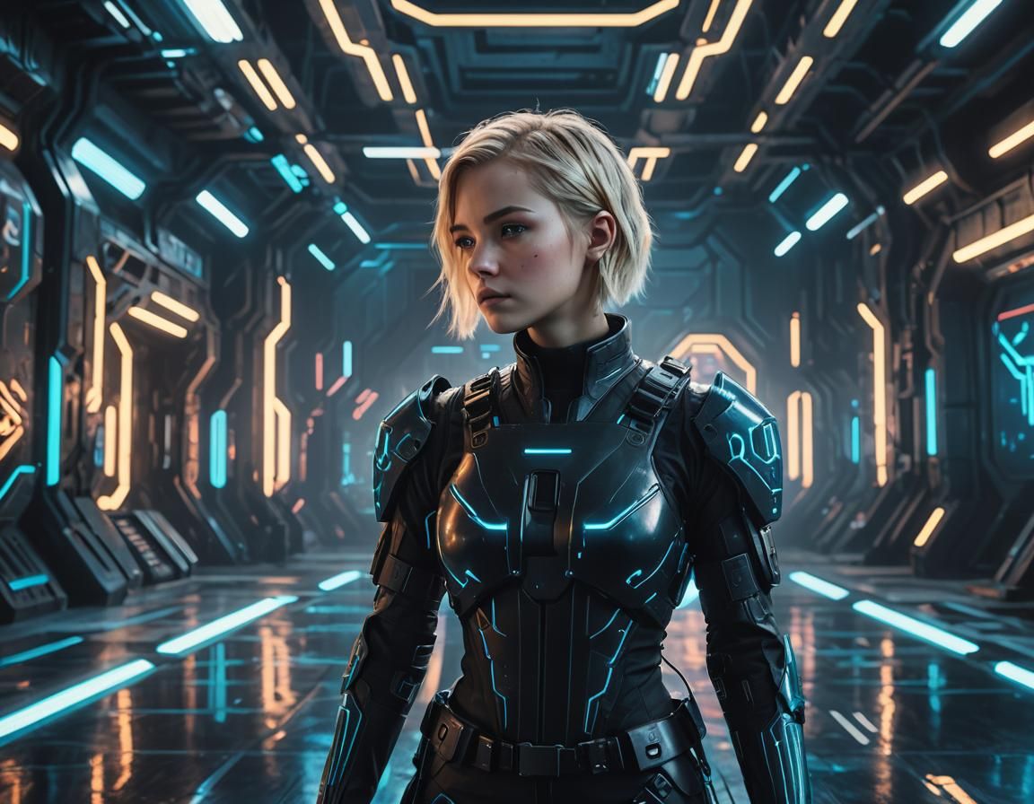 Cyberpunk Woman in Military Suit on Futuristic Base