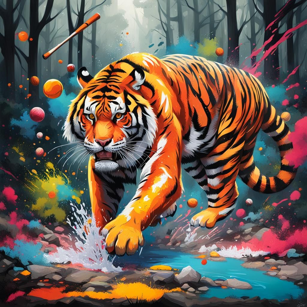 Tiger Plays Baseball: Graffiti Art in Forest