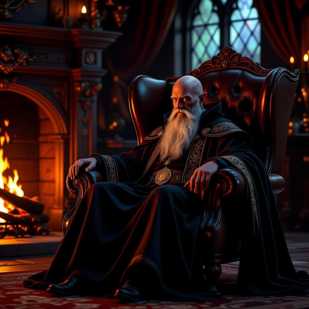 Wizard Rests by Fireplace in Maximalist Digital Art Style