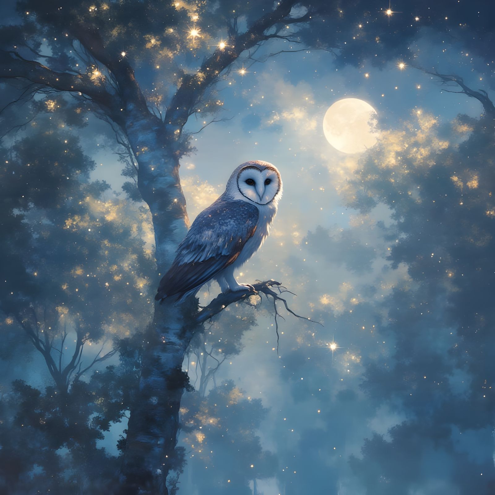 Ethereal Moonlit Barn Owl in Impressionistic Style