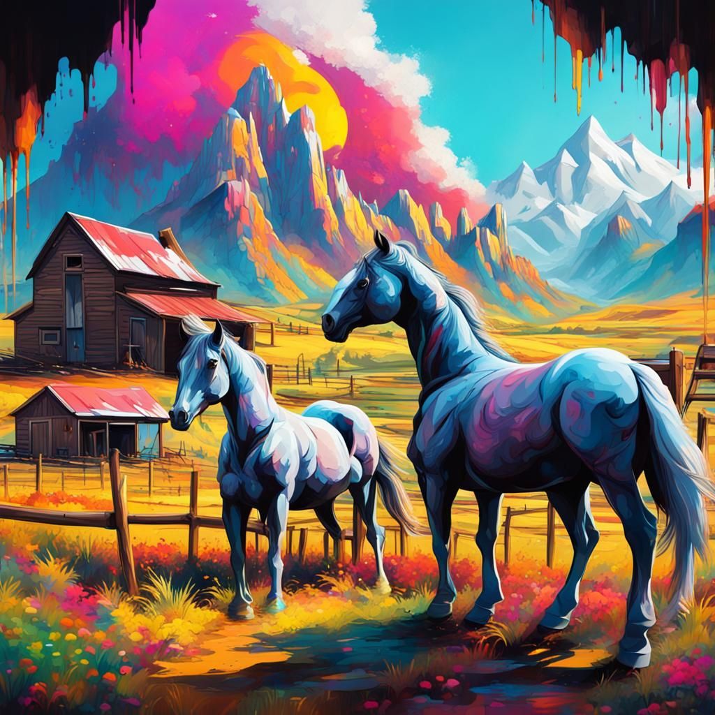 Futuristic Farm with Horses Graffiti Art