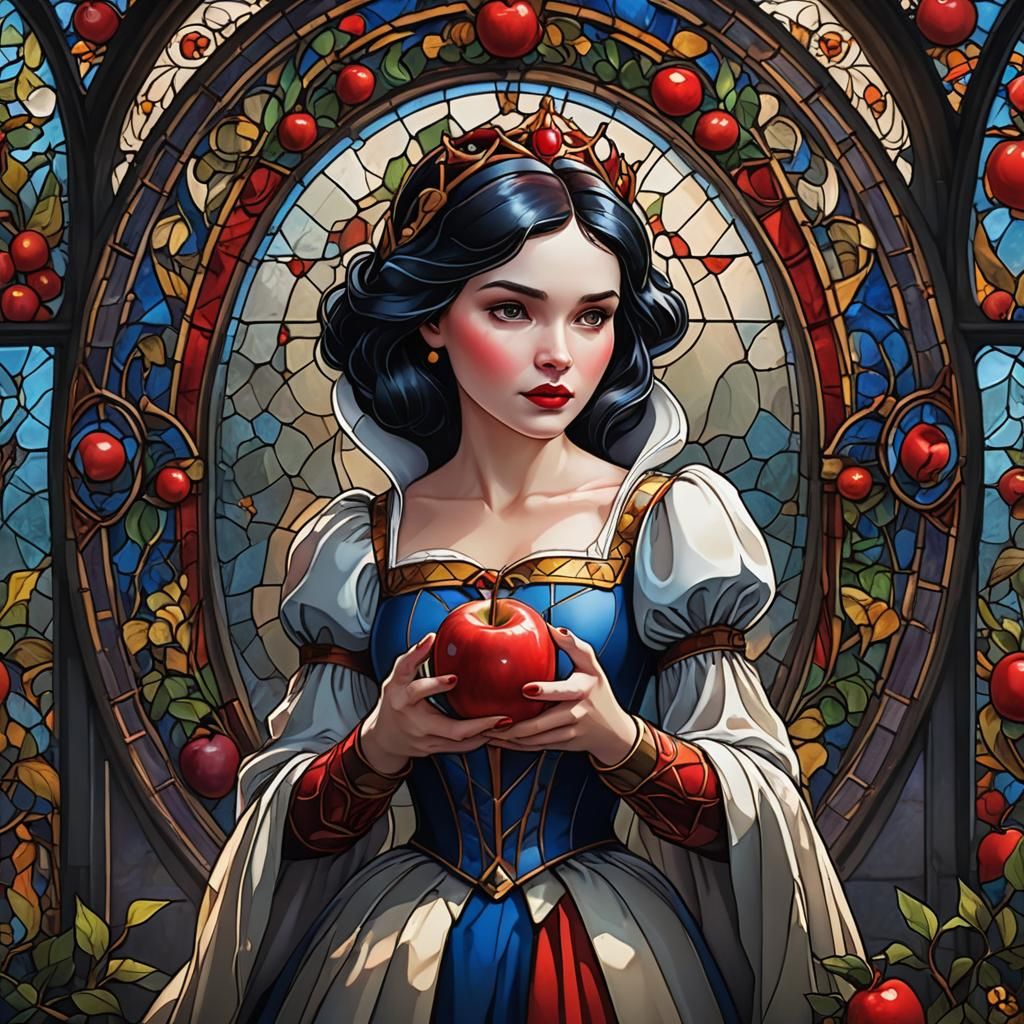 Snow White with Apple in Stained Glass Style