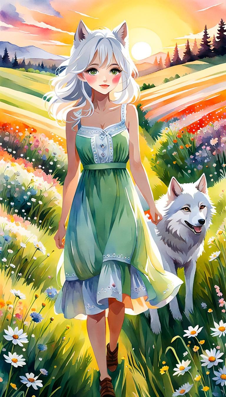 Dreamy Watercolor Wolf Woman in Wildflower Field
