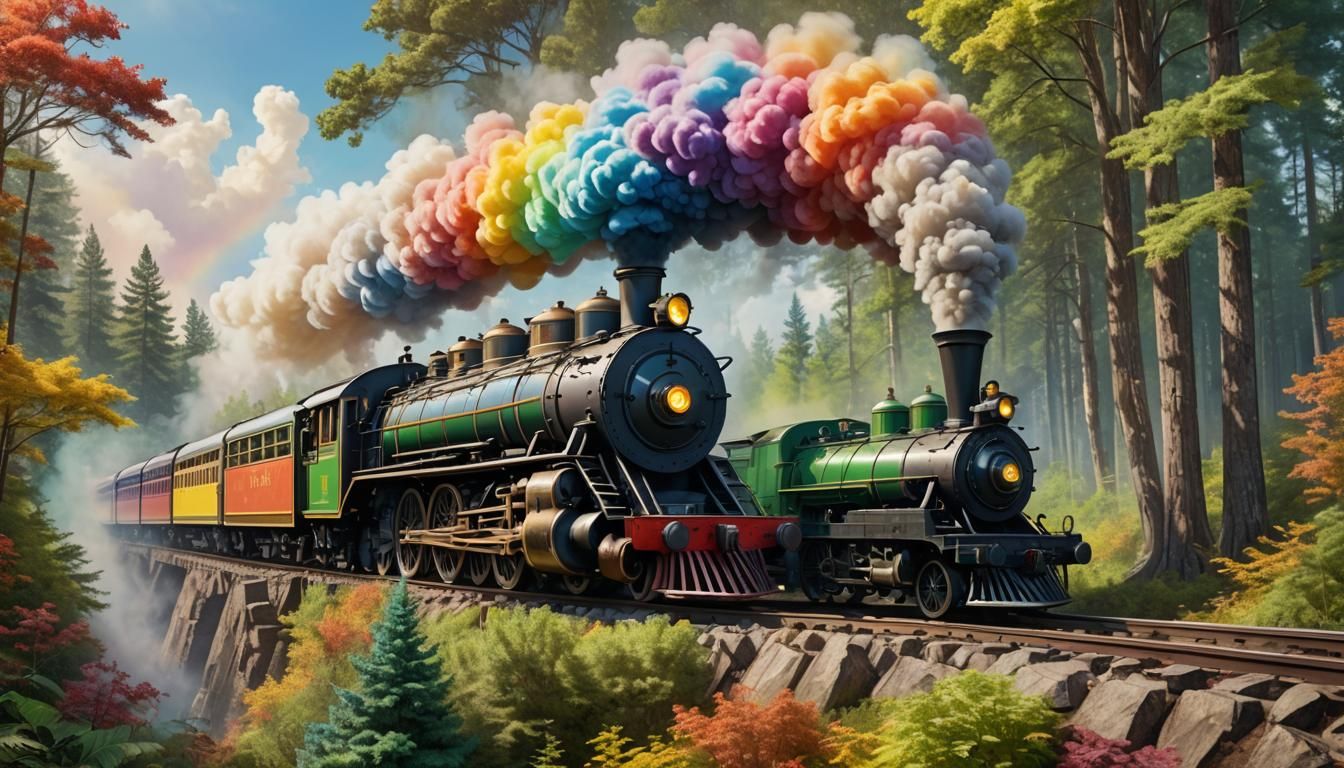 Rainbow Locomotive Travels Through Sunny Forest in 3D