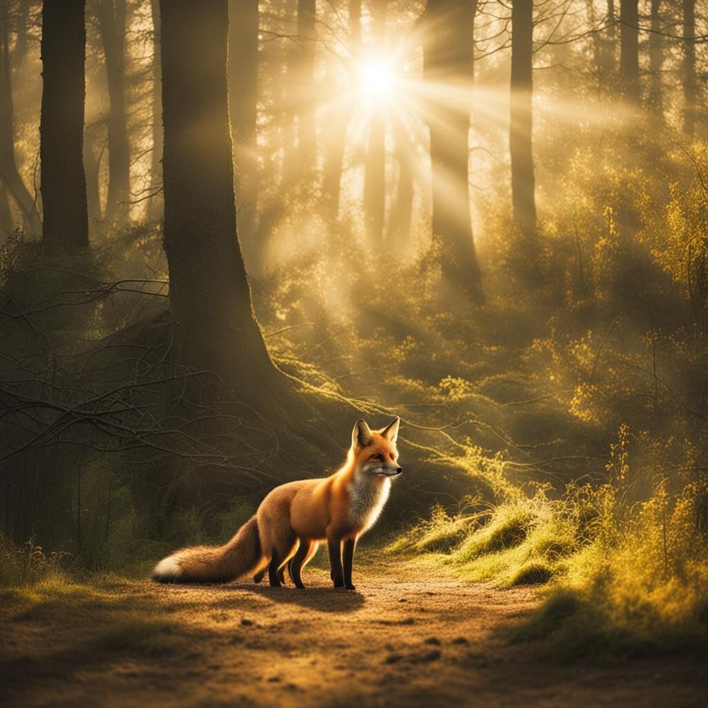 Sunlit Fox in Forest with Divine Beams