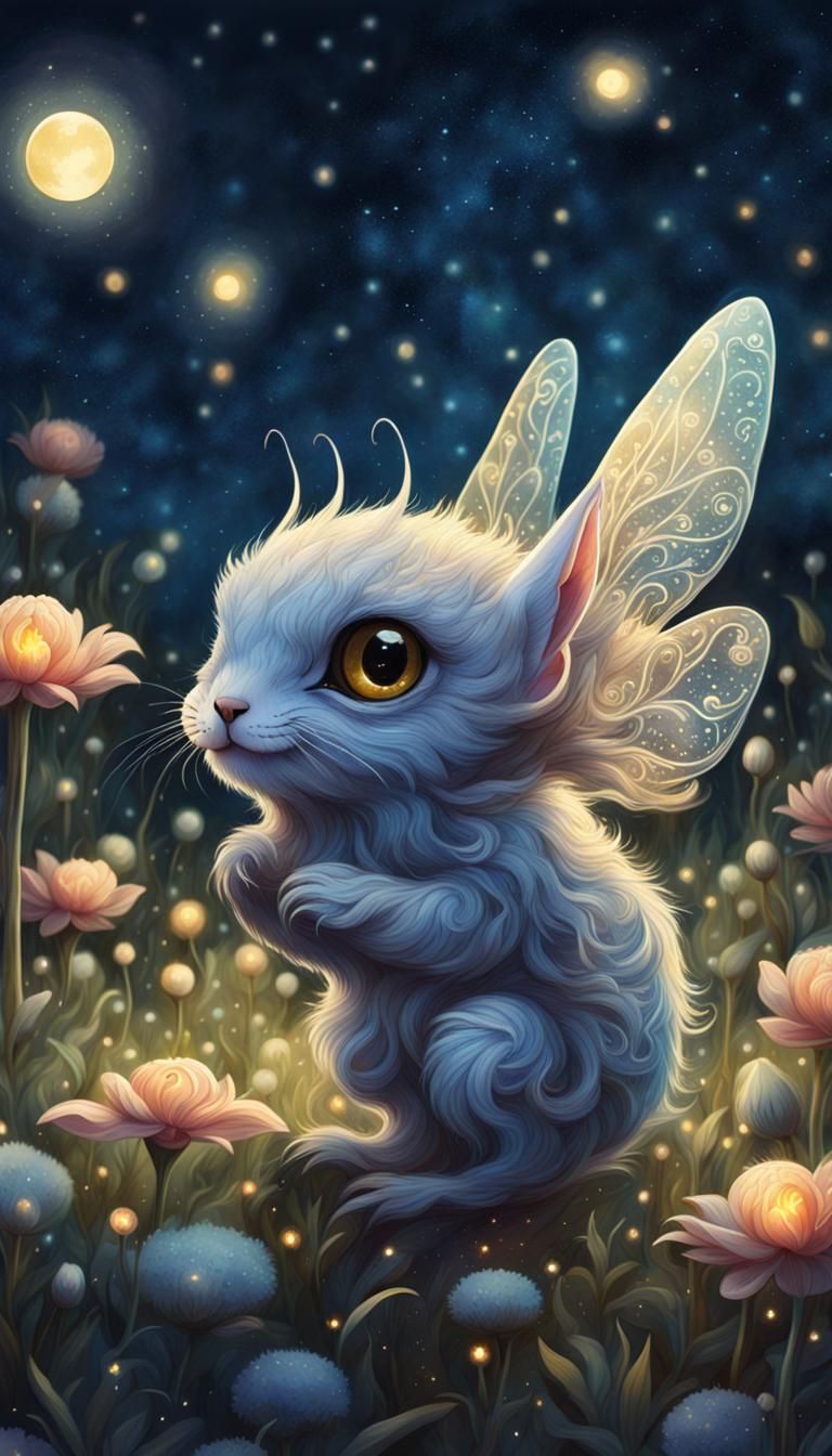Fantasy Creature in Moonlit Flower Field Painting