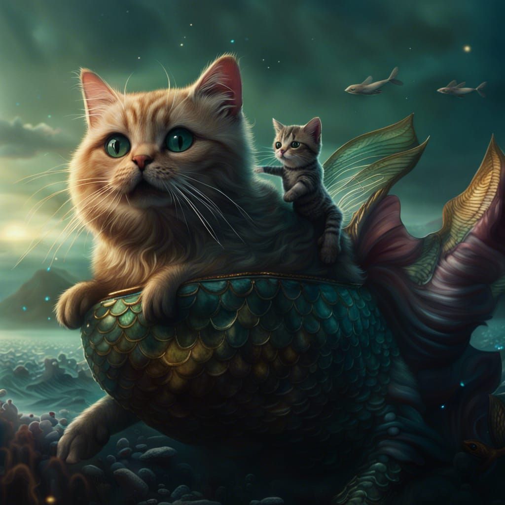 Cat Carries Mermaid: Epic Digital Painting
