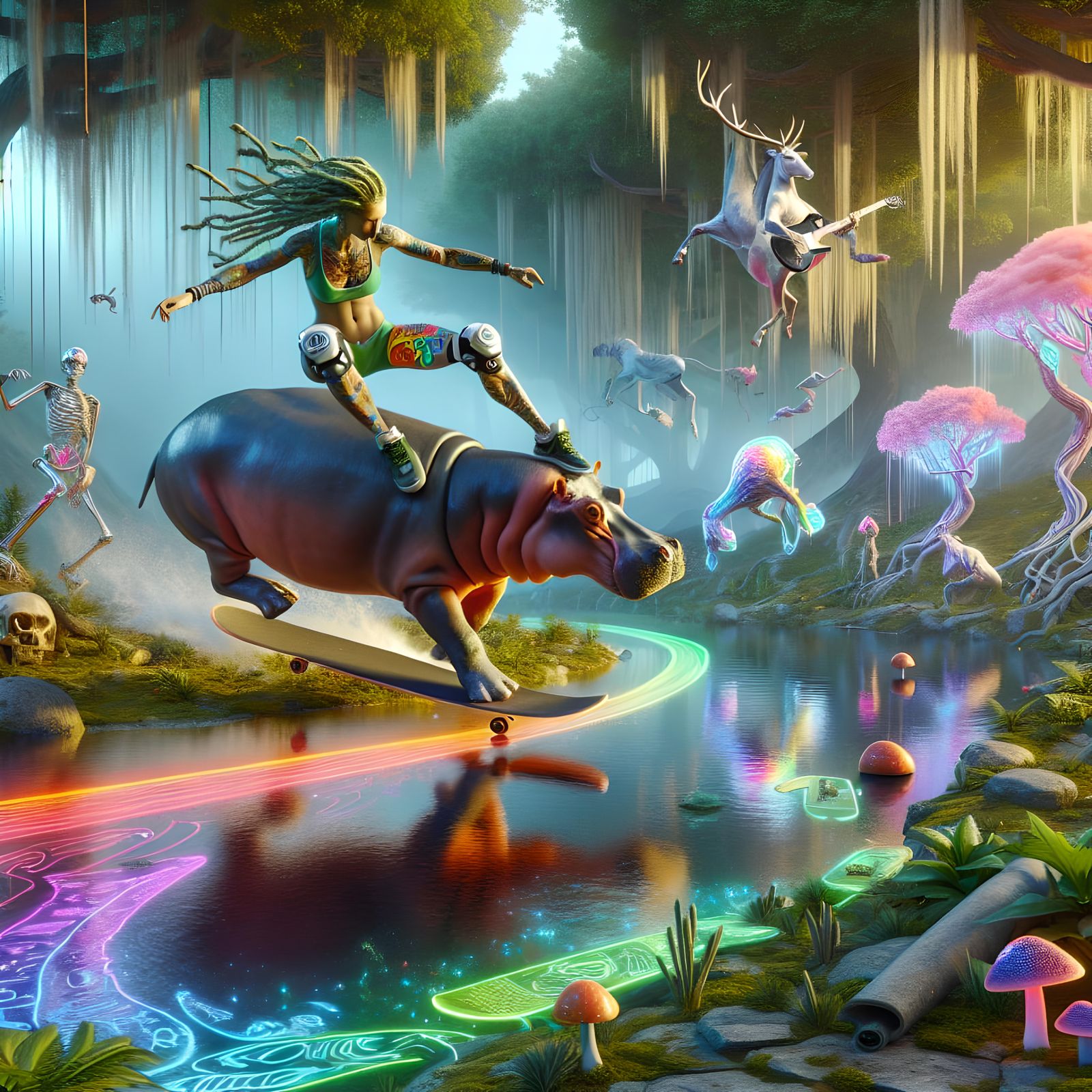 Surreal Woodland Scene with Hippopotamus Rider