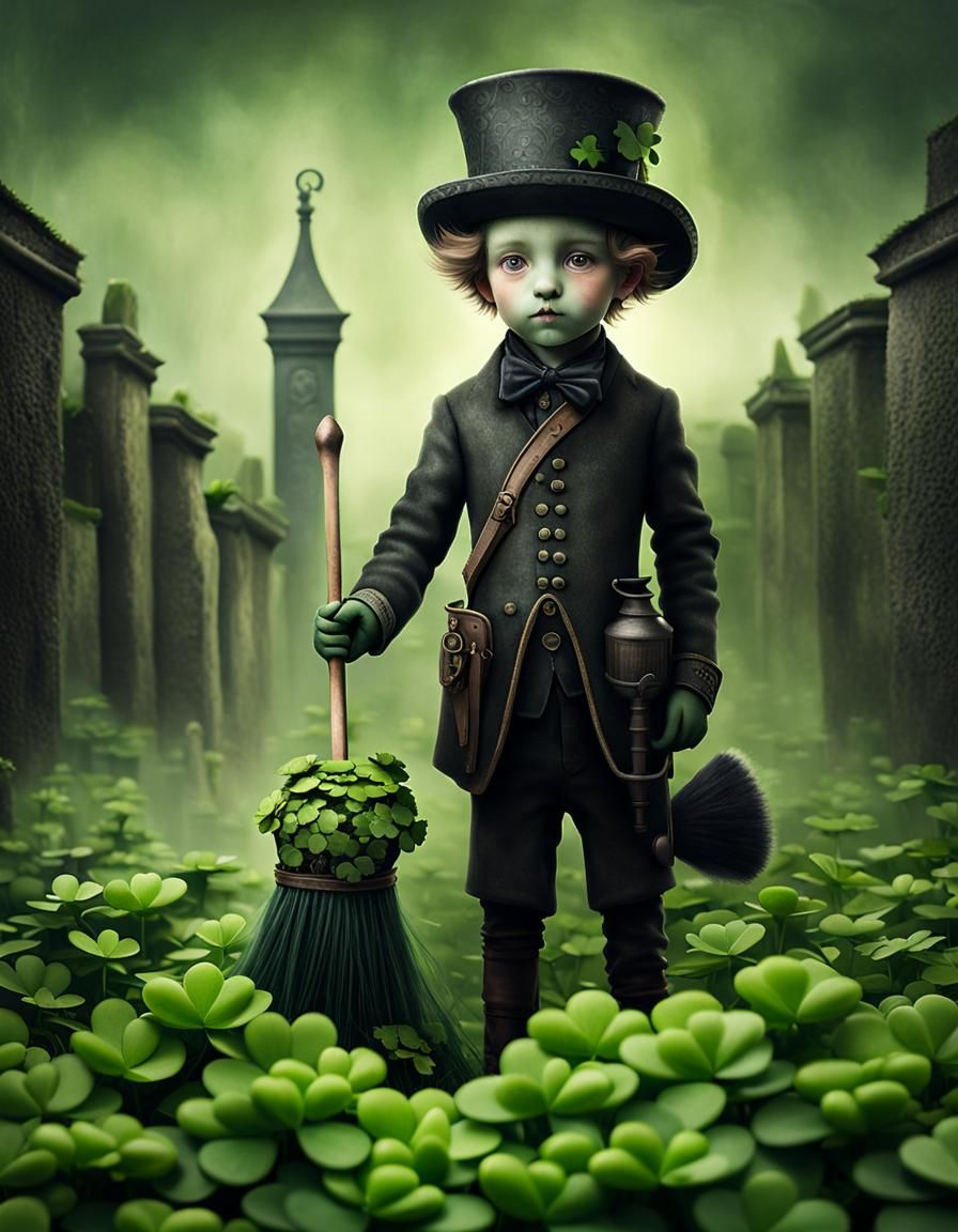 lucky victorian chimney sweep standing in clover