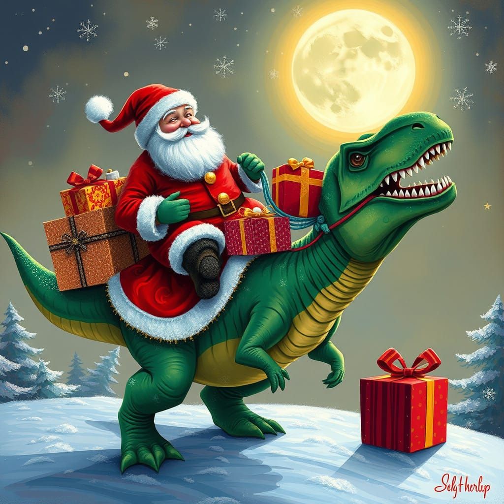 Jolly Santa on a Majestic Green T-Rex Delivers Gifts Amidst...