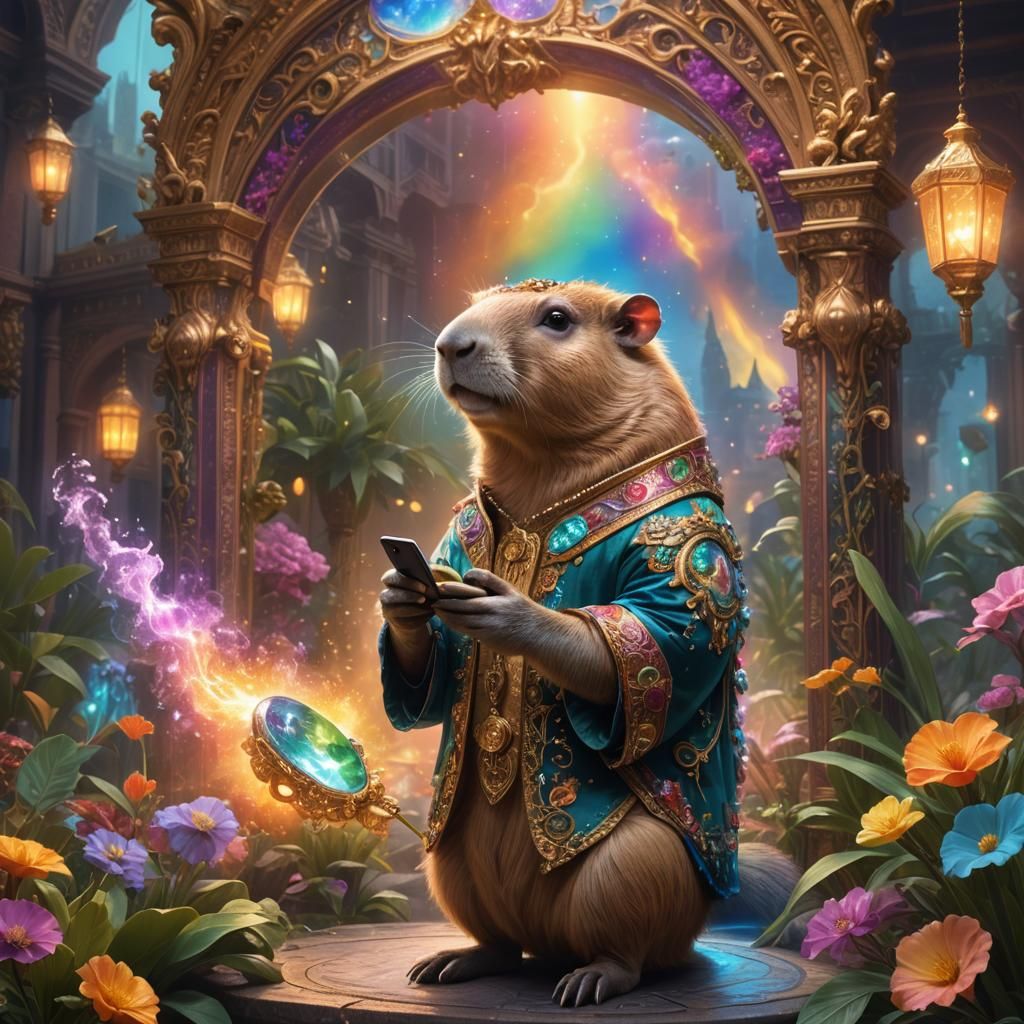 Capybara on Crystal Phone in Fantasy Matte Painting